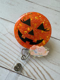 Girl Halloween pumpkin eyelashes badge reel inspired lanyard
