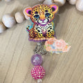 Lisa Frank inspired leopard kitty cat  badge reel  lanyard