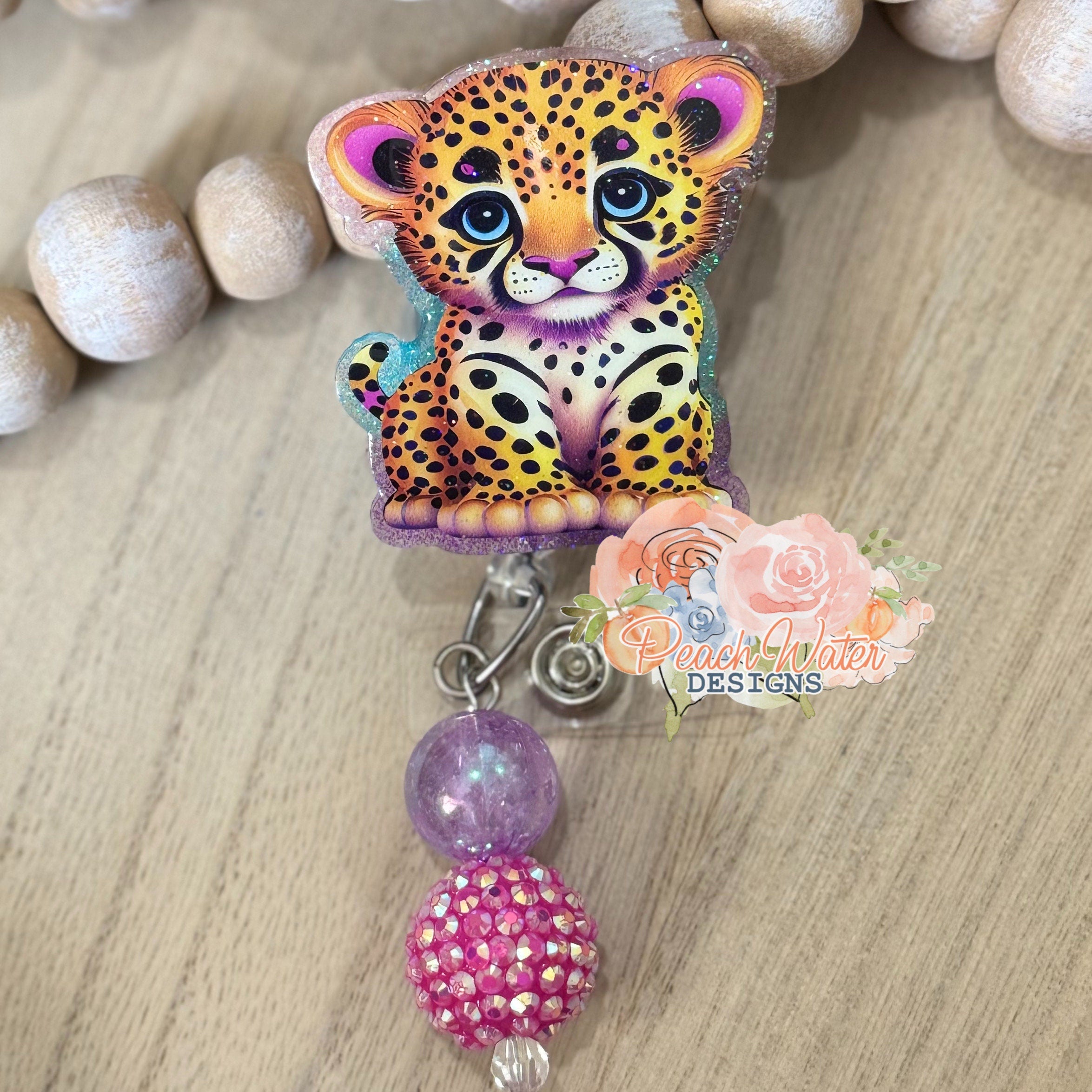 Lisa Frank inspired leopard kitty cat  badge reel  lanyard