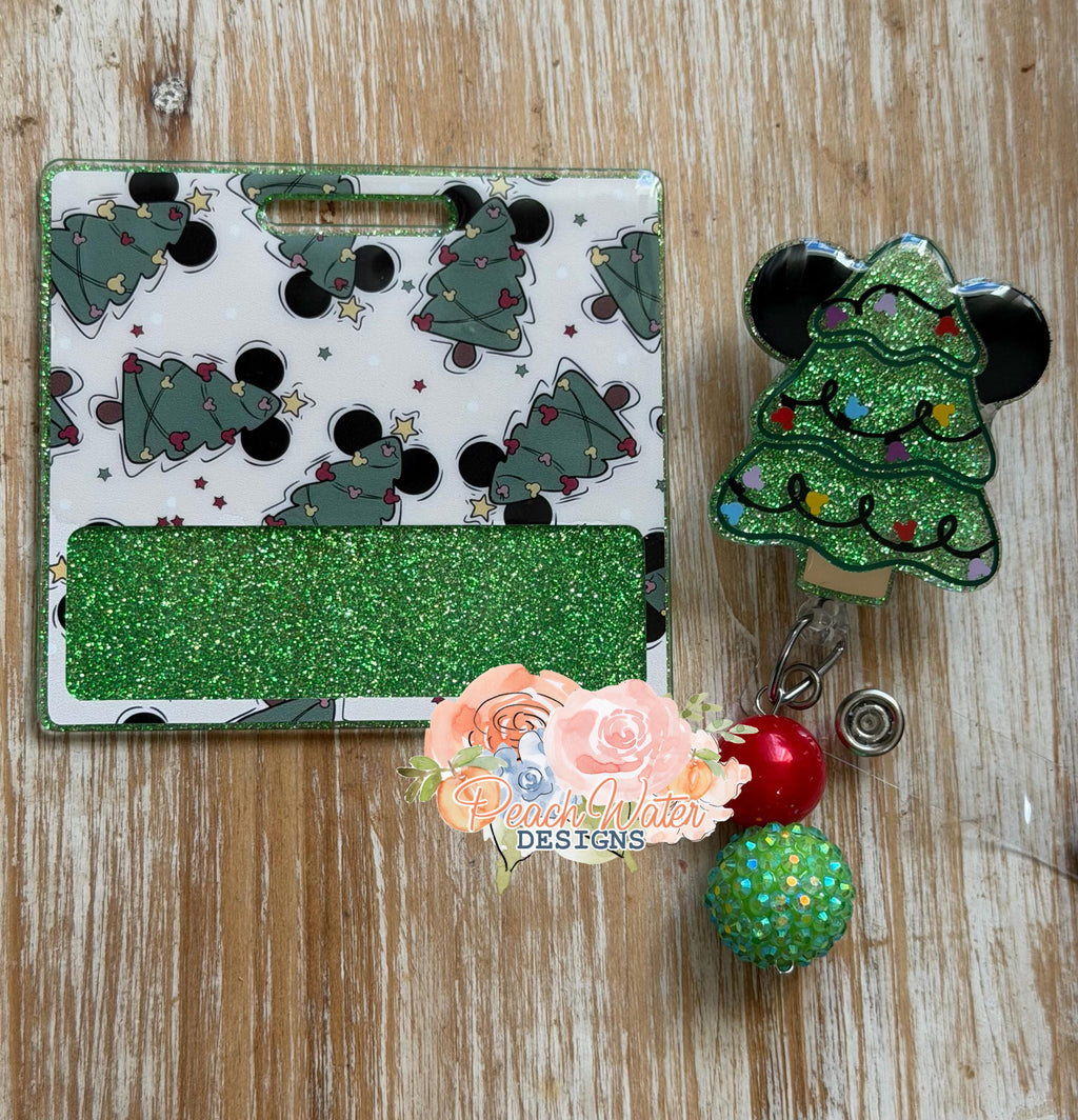 Christmas Tree Mickey head badge reel with bow  Disney inspired lanyard