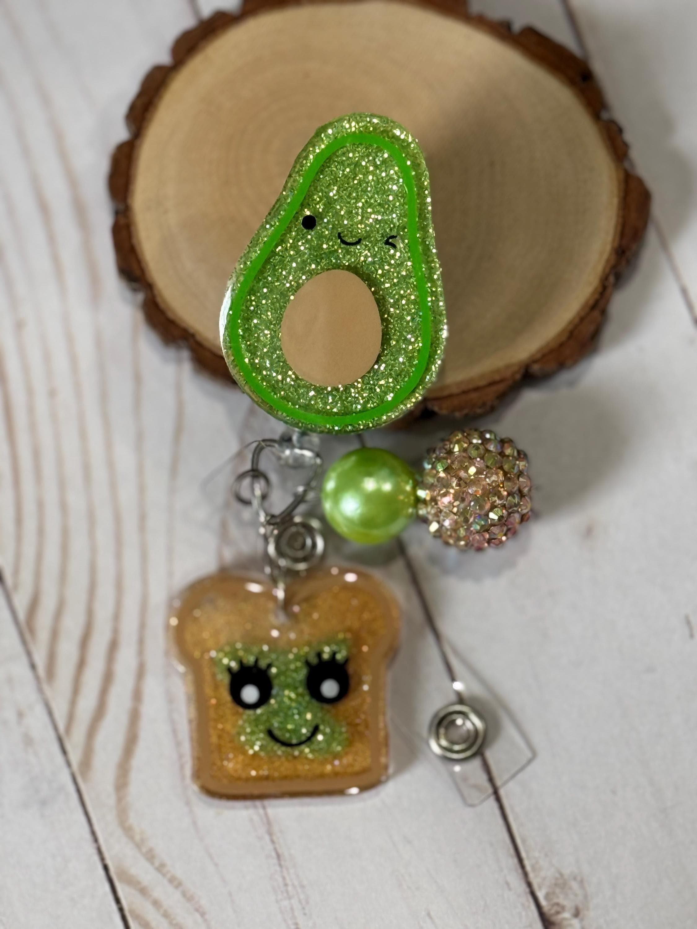 Avocado Toast Charm Badge Reel, Beaded Retractable ID Holder