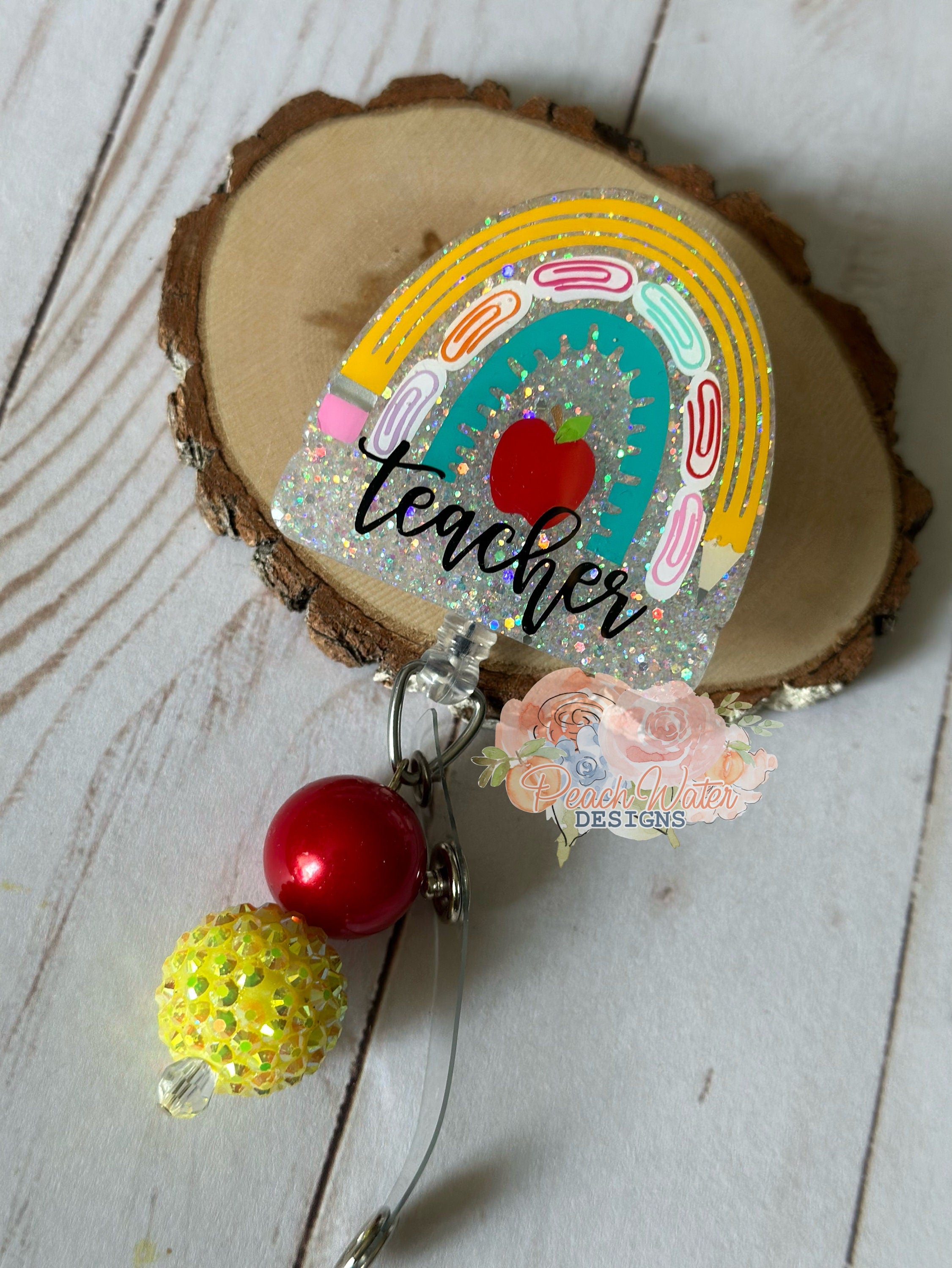 Teacher rainbow paper clip badge reel lanyard