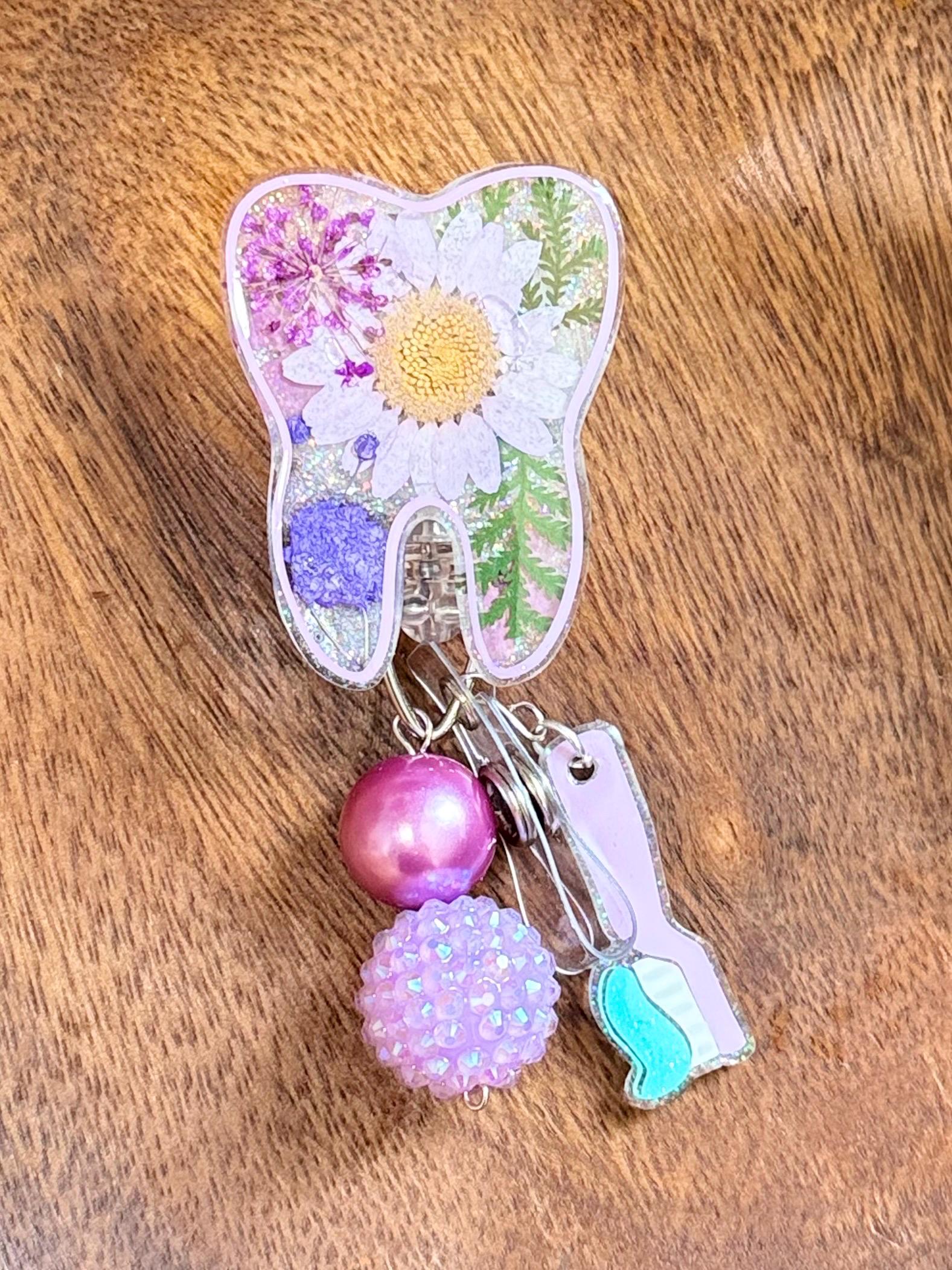 Dental tooth teeth braces badge reel flowers floral alligator belt clip lanyards purple