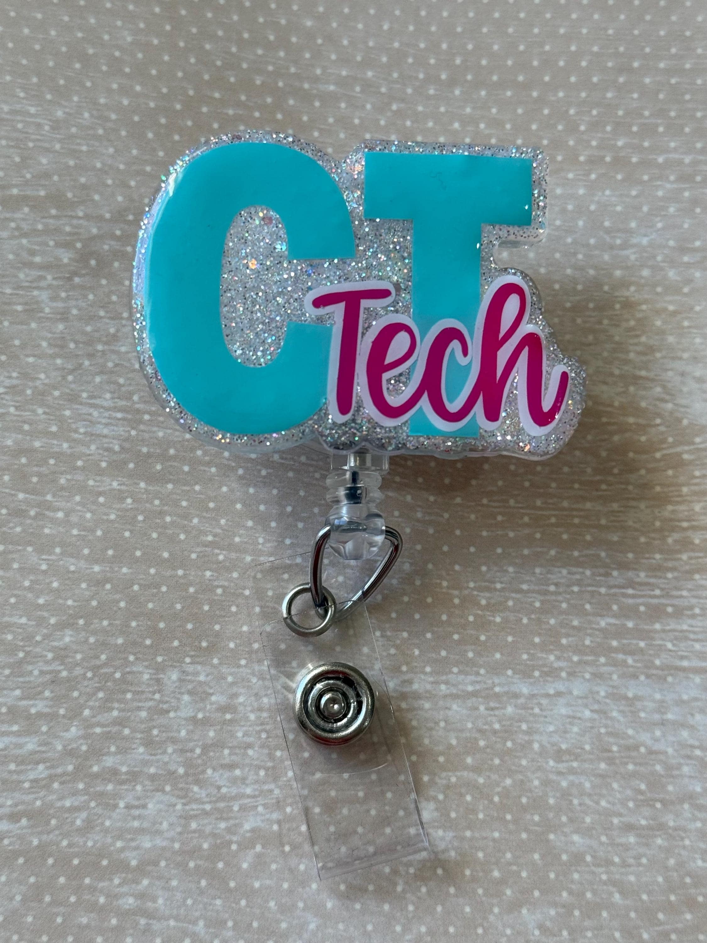 CT tech badge reel swivel clip pink aqua nurse teacher