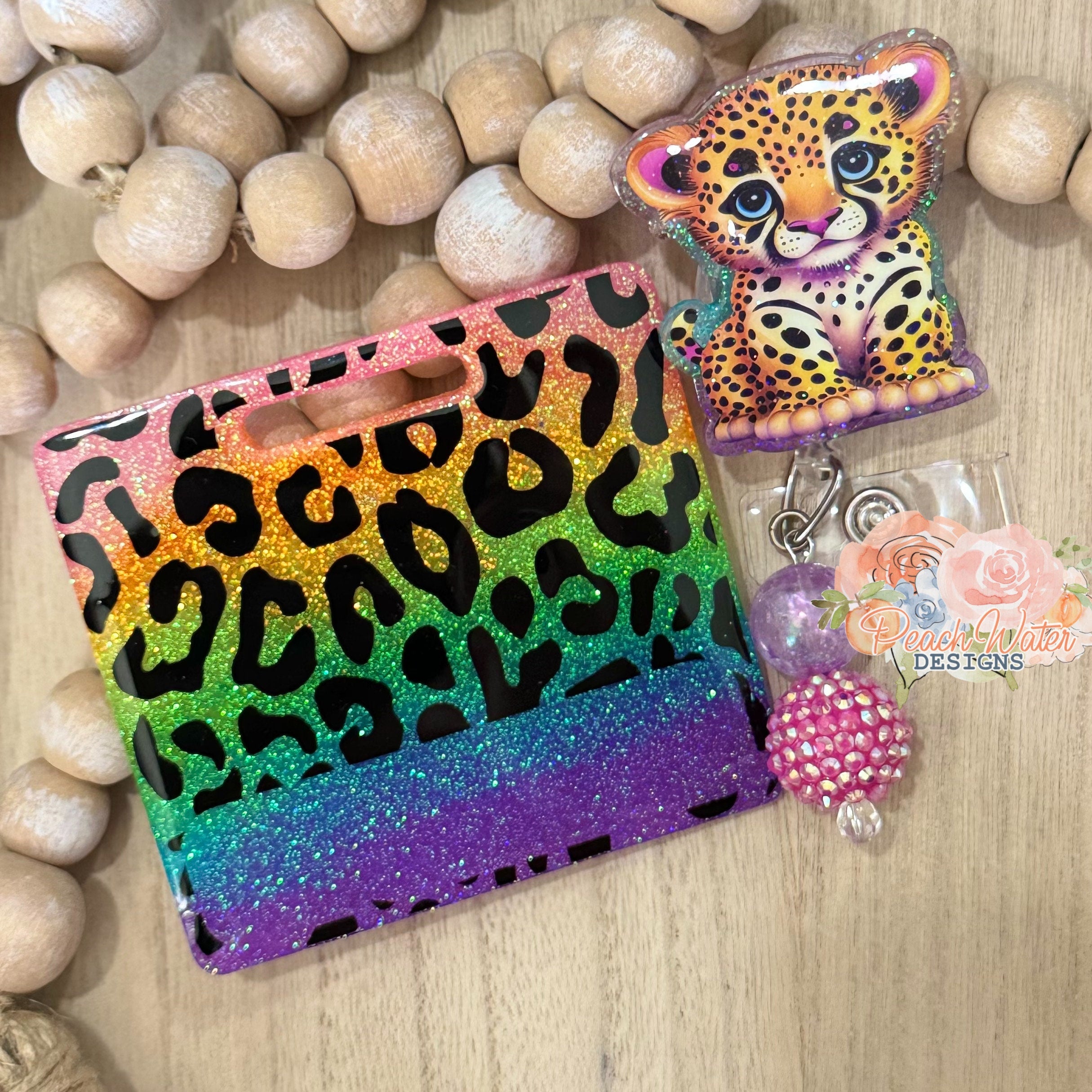 Lisa Frank inspired leopard kitty cat  badge reel  lanyard