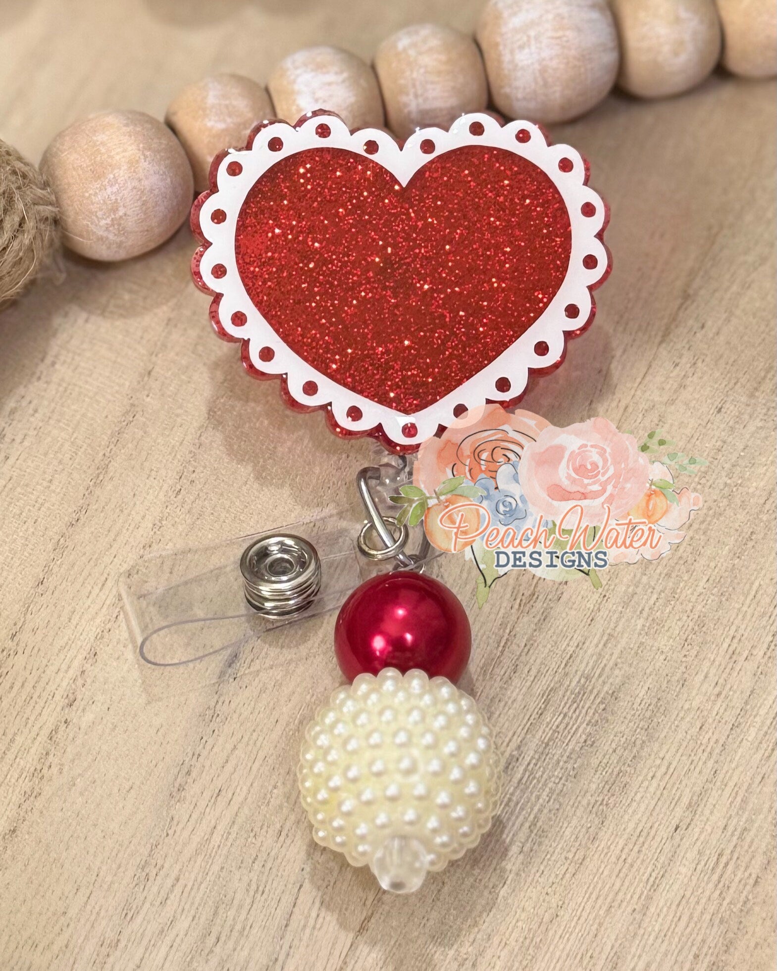 Lace love heart red glitter  badge reel  lanyard