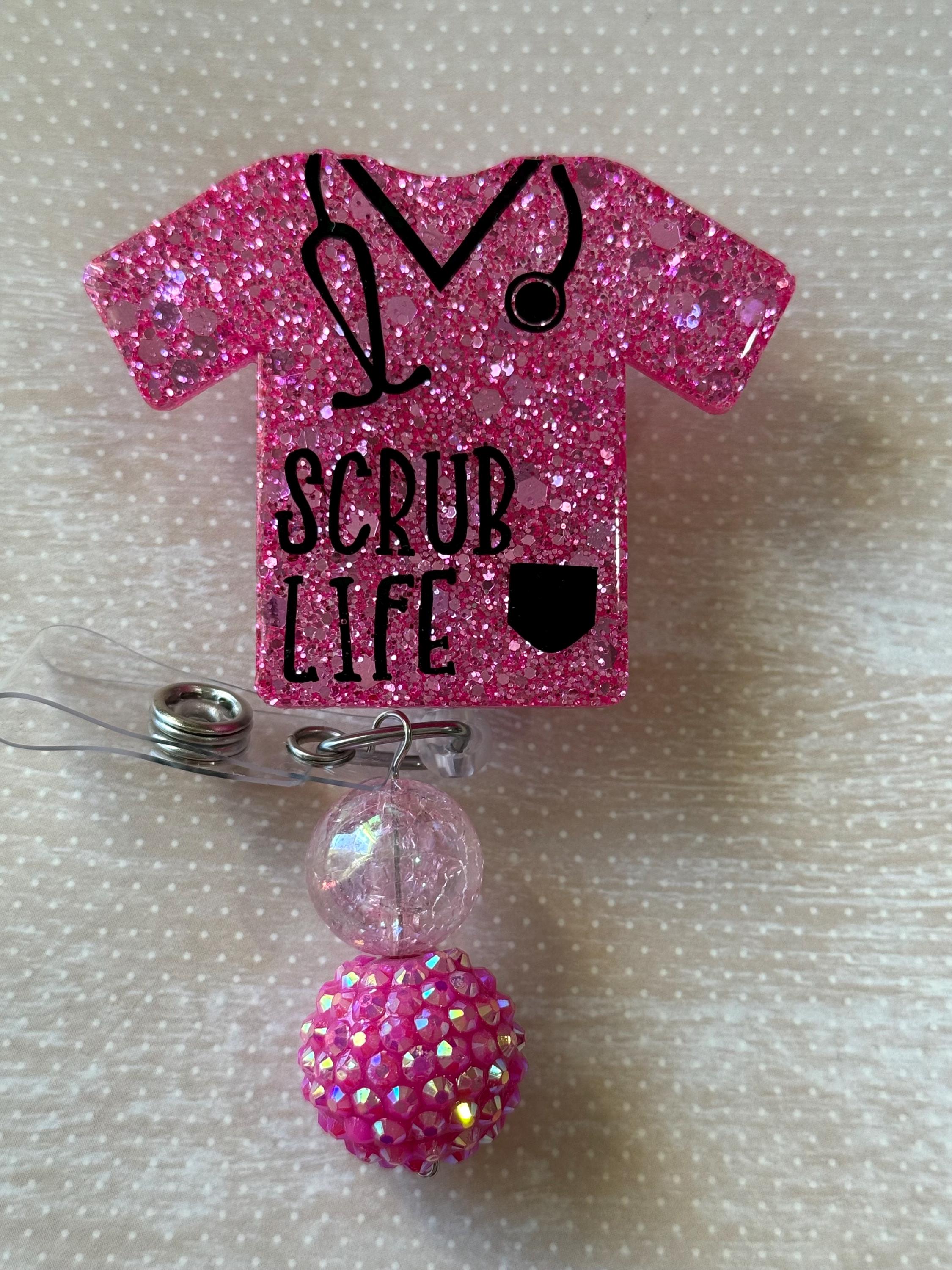 hot pink scrub top nurse shirt badge reel